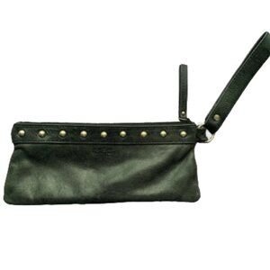 Kenneth Cole Reaction Distressed Black Leather Wristlet Clutch 9" x 4" Studs